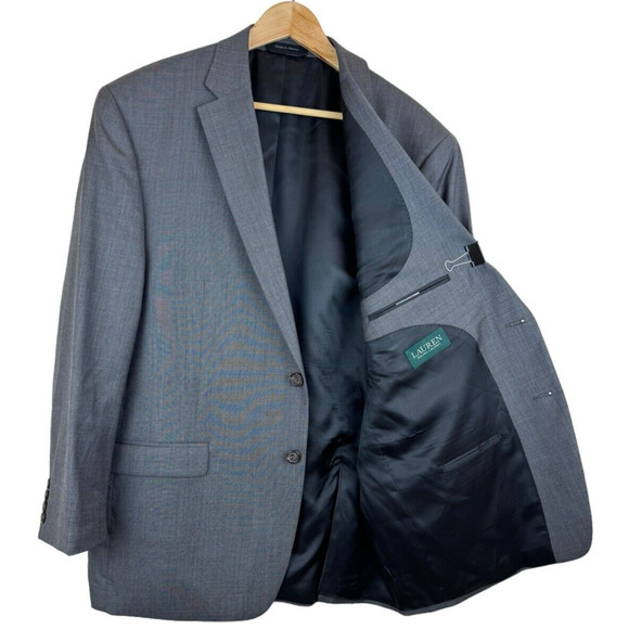 LAUREN RALPH LAUREN Mens Blazer Sport Coat 46R Wool Gray Check Two Button Jacket - Picture 2 of 5